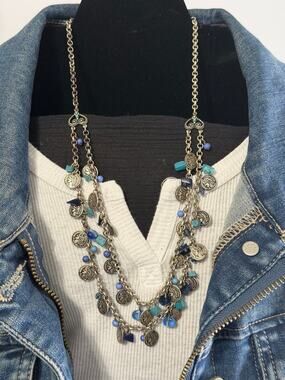 Vintage Coin Charm Layered Necklace Blue Bead Statement Necklace